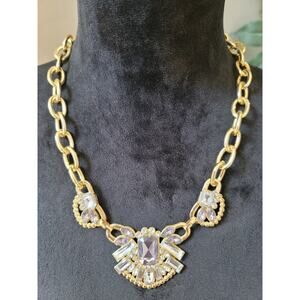 Women's Gold Crystal Statement Necklace With Chunky Chain Lobster Claw Lock